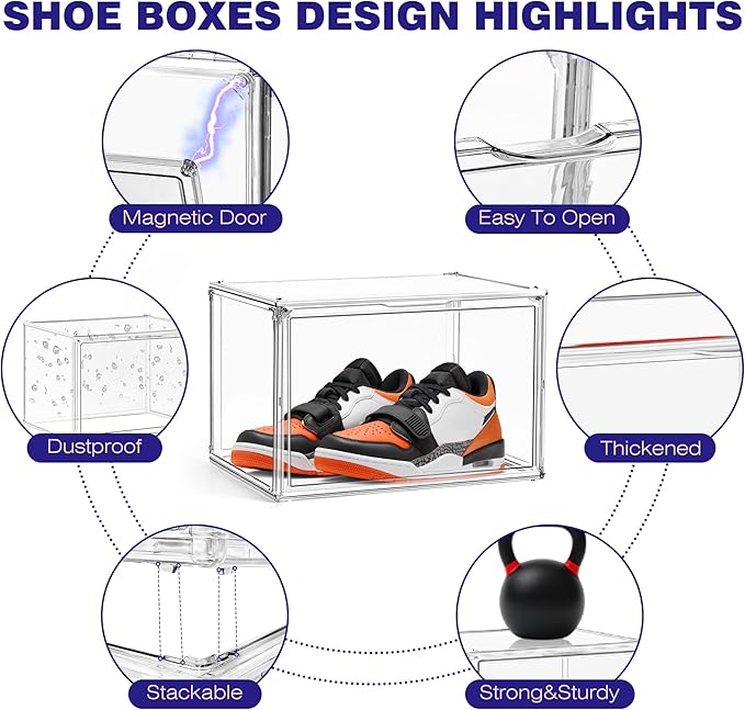 EDS FAM Shoe Storage 6 Pack Size 13 Acrylic Clear Shoe Storage Box Stackable Large Sneakers Display Case with Magnetic Door Hat Boxes Shoe Organizer for Closet