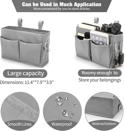Bseash Bunk Bed Organizer, Bedside Caddy Hanging Bed Organizer Storage Bag with 4 Pockets and 2 Hooks, for College Dorm Rooms Bed, Hospital Bed, Baby Bed Rails, 600D Oxford Cloth (Gray)