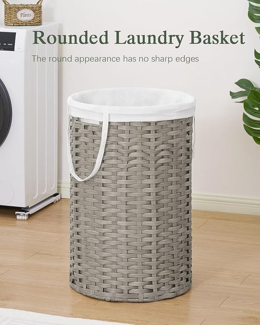 34.3 Gal (130 L) Large Laundry Hamper Laundry Basket Round Handwoven Wicker Laundry Baskets Rattan Laundry Basket with Removable Bag Handles 2 Mesh Bags for Living Room Bedroom Gray (No Lid)