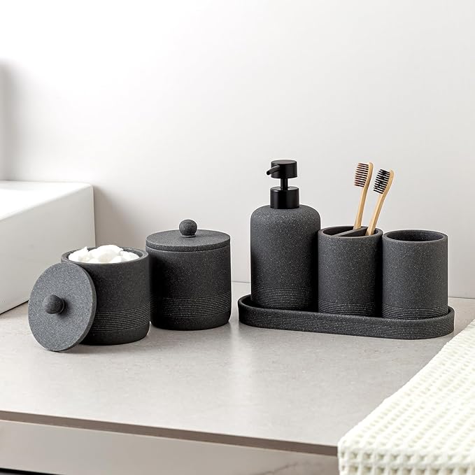 Haocoott Bathroom Accessories Set, 6 PCS Modern Bathroom Accessory Set with 15 OZ Soap Dispenser, Toothbrush Holder, Vanity Tray, Tumbler, 2 PCS Qtip Holders (Grey)