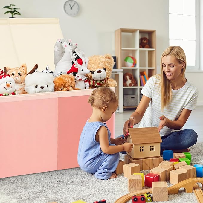 Patelai Extra Large Toy Box Chest with Lids 4/3 Grids Large Chest Collapsible Kids Toy Storage Baskets Gifts for Boys Girls Living Room Nursery Playroom(39 x 13 x 15.7'',Pink Series)