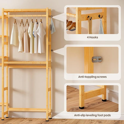 Over The Washer and Dryer Storage Shelf Bamboo,5 Tiers Laundry Room Drying Rack with Adjustable Shelves and 4 Hooks,Space Saver Organizer for Hanging Clothes and Towels (Natural)