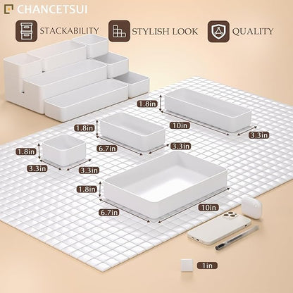 9 Pcs Stackable Drawer Organizer Trays Set, Multifunctional Stackable Storage Trays for Vanity, Bathroom, Kitchen, Desk Drawer Organizer Office. Plastic Drawer Organizers Available In 5 Colours, White