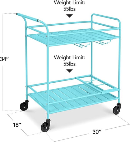 Best Choice Products Rolling Bar Cart, Mobile Home Bar Serving Cart, Serving Station w/ 2 Tier Shelves, Wine Rack, Lockable Wheels - Teal