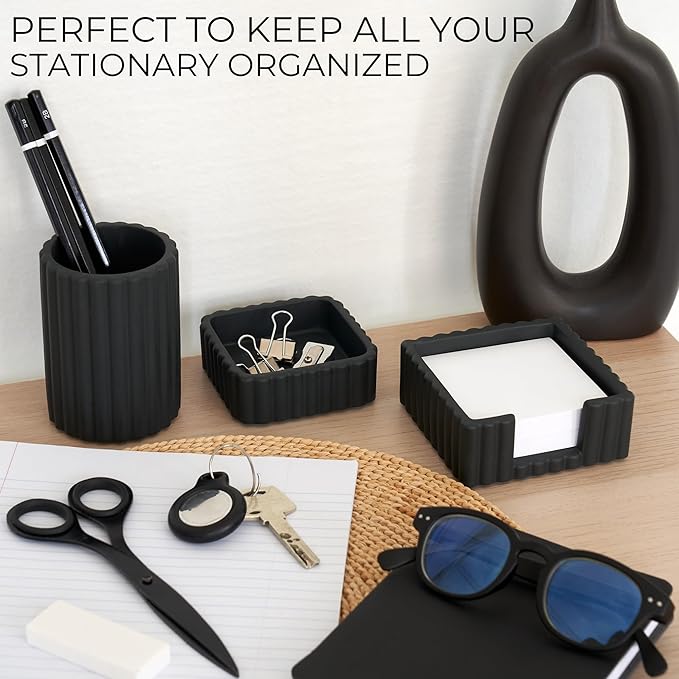 KIBAGA Modern Aesthetic Desk Accessories Set of 3 - Stylish Concrete Organizers for Pens & Office Supplies - A Cute and Functional Addition to Your Workspace Decor