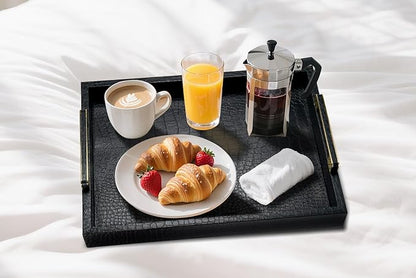 Black Serving Tray with Handles, Large Alligator Faux Leather Decorative Tray, Coffee Table, Ottoman Rectangular Trays for Home Decor, for All Occasions,16" x 12"