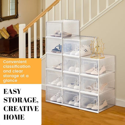 Shoe Storage Boxes, Stack Without Toppling Modular storage boxes combine freely for use in closets, under beds, hallways, and entryways. Space-saving. (Transparent, 12 Pack)