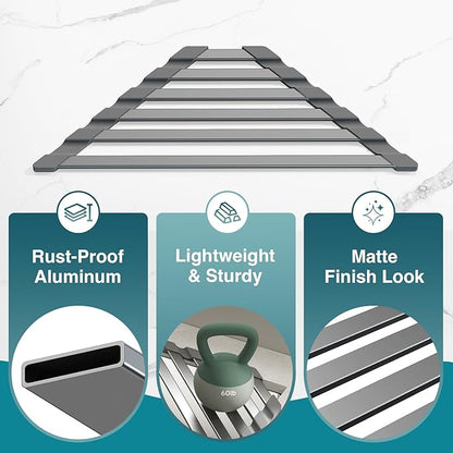 Corner Sink Drying Rack, 16"x9.5" Rust-Proof Aluminum Triangular Dish Drainer, Heat Resistant Roll Up Mat for Kitchen Counter, Sponge Holder & Organizer with Non-Slip Silicone Base, Gray