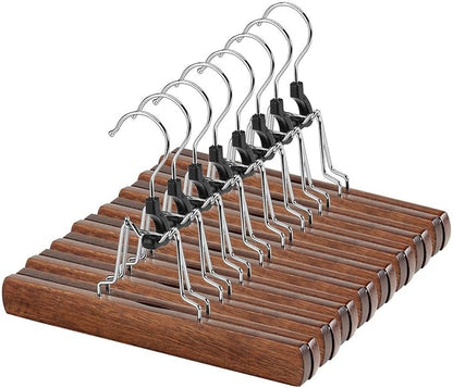 AMKUFO 20 Pack Wooden Pants Hangers with Clips Non Slip Skirt Hangers Trouser Clamp Hanger Solid Wood Hanger with 360° Swivel Hook Walnut