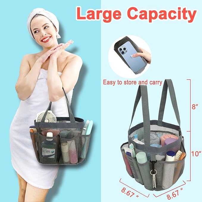 Fammart Mesh Shower Caddy Portable for College Dorm Room Essentials, 8-Pocket Large Shower Basket Tote Bag with 2 Handles for Toiletry, Bathroom, Beach, Camp, Gym