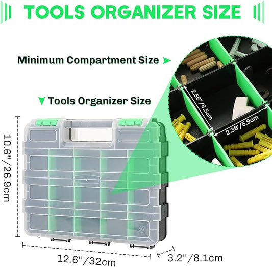 Small Parts Organizer 2 Pack | Storage Case Tools Box 34-Compartments Double Side Organizer Box with Removable Dividers for Small Hardware, Screws, Bolts, Nuts, Nails, Beads (Green)