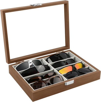Homeanda Wooden Eyeglasses Case 8 Grids Sun Glasses Holder Eyewear Organizer Glasses Case Tray Glasses Display Showcase Organizer with Cover Christmas Gift for Men and Women