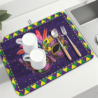 Wnoesat Mardi Gras Dish Drying Mat for Kitchen Counter Masquerade Mask Feather Drying Mats Absorbent Reversible Microfiber Washable Draining Pad Washable Dry Mat 18x24 Inch