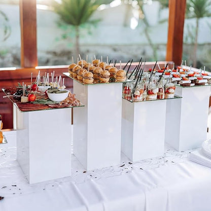 BreezeHug 4 Pcs Extra Large Buffet Risers, Acrylic Food Risers for Buffet Table Display Stand Shelf White Cube Nesting Boxes for Catering Dessert Collectibles Jewelry(17.7",16.7",15.7",14.7")