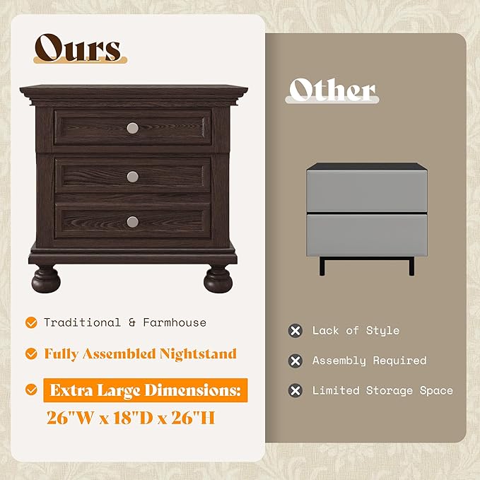 AMERLIFE Fully Assembled Nightstand, Solid Wood End Table with 2 Storage Drawers, 26" Extra Large Traditional Bedside Cabinet for Bedroom, Dark Brown