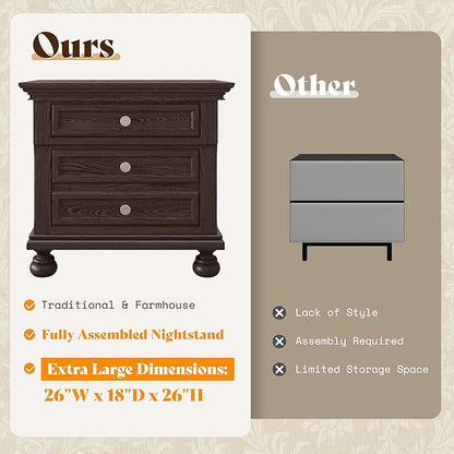 AMERLIFE Fully Assembled Nightstand, Solid Wood End Table with 2 Storage Drawers, 26" Extra Large Traditional Bedside Cabinet for Bedroom, Dark Brown