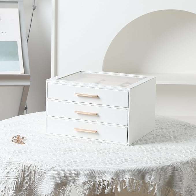 Frebeauty Clear Lid Jewelry Box,3-Layer Jewelry Organizer with Drawer,PU Leather Jewelry Organizers and Storage,Jewelry Boxes for Women,Jewelry Storage for Rings Earring Stud,Gift for Women(White)