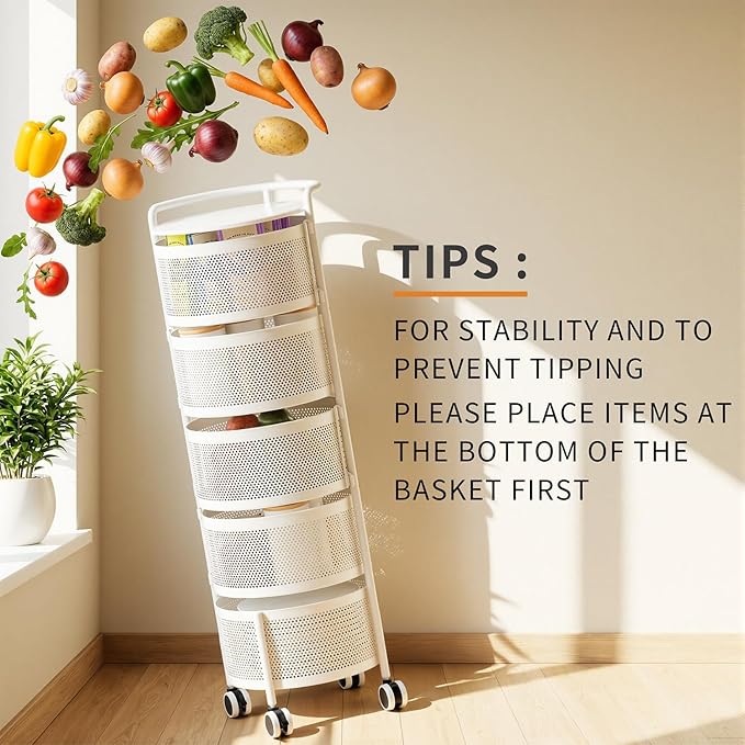 JAQ Rotating Fruit Basket, 5-Tier Metal Sturdy Kitchen Storage Rack Carts No Assembly on Rolling Wheels for Fruit Vegetable Grocery Corns Potato Onion in Bathroom(White, 5-Tier)