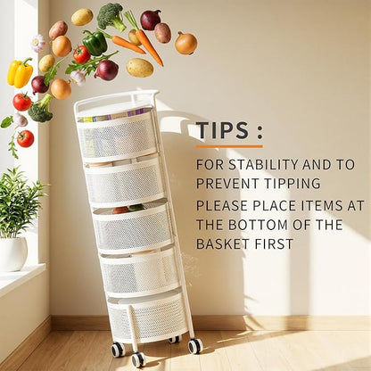JAQ Rotating Fruit Basket, 5-Tier Metal Sturdy Kitchen Storage Rack Carts No Assembly on Rolling Wheels for Fruit Vegetable Grocery Corns Potato Onion in Bathroom(White, 5-Tier)