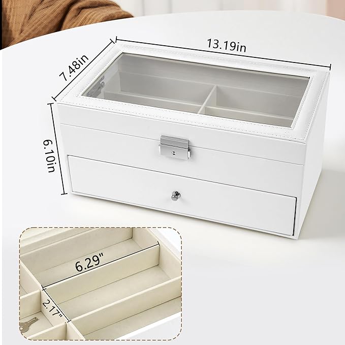 Homeanda 2-Layer Sunglasses Case - 12 Slots Hard Shell Eyeglasses Storage Box PU Leather Organizer, Protective Glasses Organizer Christmas Gift for Men and Women(White)