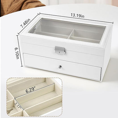 Homeanda 2-Layer Sunglasses Case - 12 Slots Hard Shell Eyeglasses Storage Box PU Leather Organizer, Protective Glasses Organizer Christmas Gift for Men and Women(White)