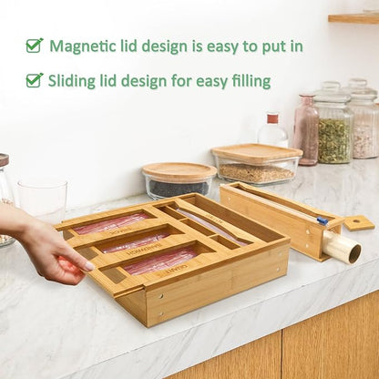 6-in-1 Magnetic Bamboo Drawer Organizer for Kitchen or Fridge, Adjustable Compartment Storage with Foil and Plastic Wrap Dispenser and Cutter – Fits Gallon, Quart, Sandwich, Snack Bags