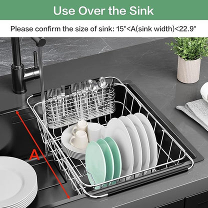SwetLao Large Sink Dish Drying Rack, Expandable 304 Stainless Steel Metal Dish Drainer Rack Organizer Shelves with Stainless Steel Utensil Holder Over Inside Sink, Rustproof