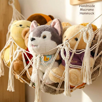 Stuffed Animal Net or Hammock for Flat Wall Mounted Handmade Macrame Toy Display Hanging Plush Toy Net for Stuff Animal Storage(Cream large)