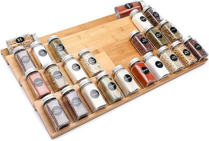 DEWVIE Bamboo Spice Drawer Organizer, 4 Tier In Drawer Spices Rack for Cabinet Drawer Expandable From 13" to 26", Stackable Seasoning Storage Organizer Insert