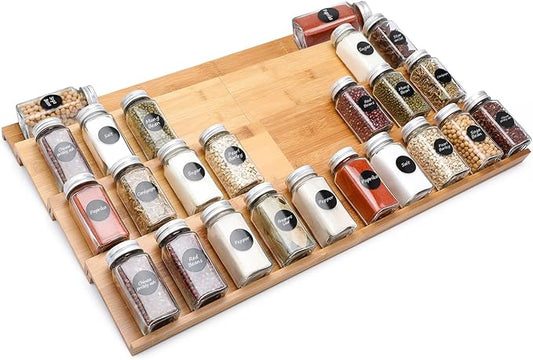 DEWVIE Bamboo Spice Drawer Organizer, 4 Tier In Drawer Spices Rack for Cabinet Drawer Expandable From 13" to 26", Stackable Seasoning Storage Organizer Insert