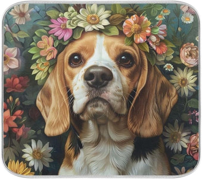 ZzWwR Beautiful Beagle Dog in Flowers Wreath Painting Absorbent Dish Drying Mat Microfiber Kitchen Countertop Table Protector Multi-Purpose Counter Rack Sink Drainer Pad (16 x 18 Inches)