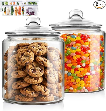 Masthome 2 Glass Storage Jars Set,1 Gallon Cookie Jar for Food Storage,Airtight Glass Jars with Lids for Kitchen Counter Pantry Well Organization，Send 15 pcs Food Storage Bags