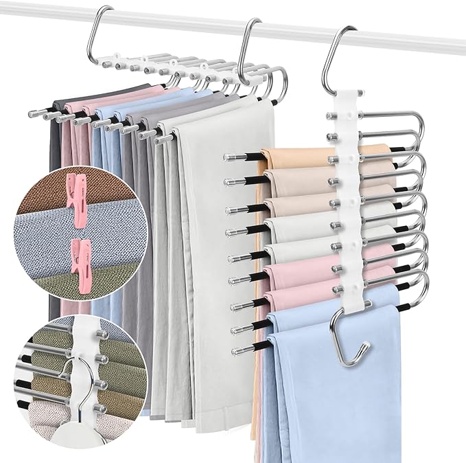 SAN LIKE 2 Pack 9 Layers Pants Hangers Space-Saving Stainless Steel Closet Hangers 20pcs Fixed Clips Non-Slip Multi-Functional Pants Rack Two Hanging Modes for Trousers Jeans Leggings Scarf Skirts