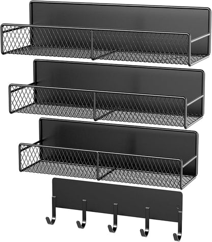 4 Pack Magnetic Shelves for Washing Machine, Heavy-Duty Magnetic Laundry Organizer with Hooks, Washing Machine Shelf for Refrigerator, Metal Storage Baskets, Closet & Laundry Room Organization(Black)