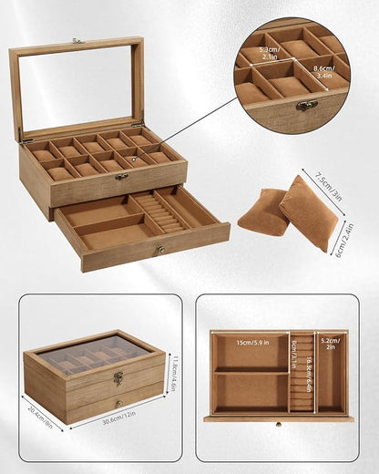 Uten 10-Slot Watch Box, 2-Layers Solid Wood Watch Display Case with Glass Lid, Watch Holder Organizer with Soft Pillow and Velvet Lining, Watch and Jewelry Storage Box, Brown
