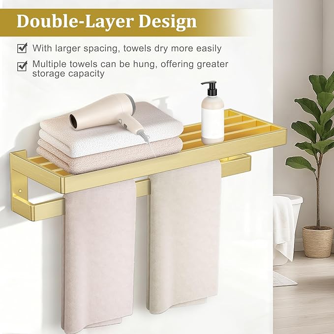 TNOMS Double Towel Bar for Bathroom Brushed Gold Towel Rack 23.6-inch Towel Holder Stainless Steel Wall-Mounted Bathroom Hardware Accessories