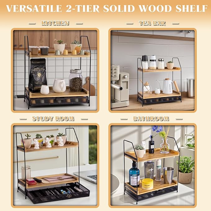 Coffee Bar Organizer Station | 2-Tier Wooden Shelf for K-Cup & Nespresso Pod Storage, Tea Bar Accessories and Coffee Pod Holder for Kitchen,Home, Office Countertop