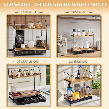 Coffee Bar Organizer Station | 2-Tier Wooden Shelf for K-Cup & Nespresso Pod Storage, Tea Bar Accessories and Coffee Pod Holder for Kitchen,Home, Office Countertop