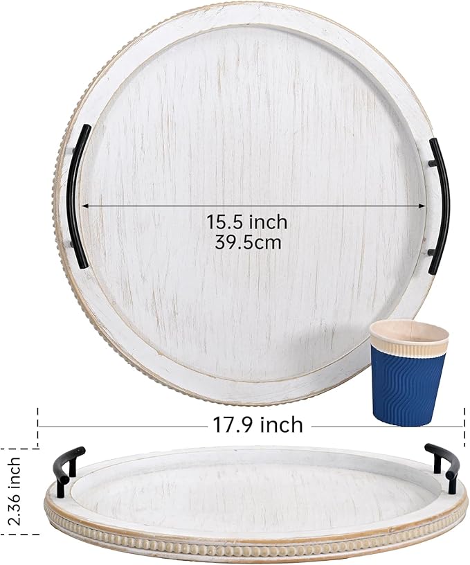 SwallowLiving 18Inch White Wooden Beaded Serving Tray with Handle Decorative Rustic Whitewashed Tray for Coffee Table Farmhouse Round Tray for Kitchen, Living Room and Bedroom