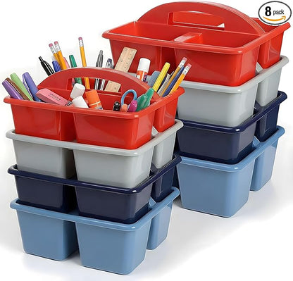 Kathfly 8 Pack Caddy Organizer with Handle, Stackable Organization Storage, Small Plastic Basket Classroom Caddy for Table Desk Office Pencil Kids Room Craft Art Teacher School Supplies (Blue Red)
