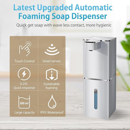 JEMISUN Automatic Foaming Soap Dispenser Touchless 380ml/12.8oz Rechargeable Hand Soap Dispenser Wall Mounted 4 Levels Adjustable Foam Soap Pump for Bathroom Kitchen Dish Soap