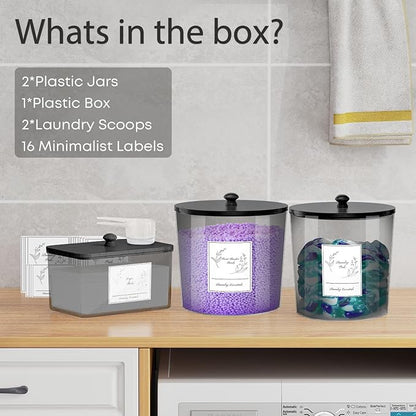 3 Pack Laundry Powder Container & Dryer Sheet Holder, Plastic Laundry Room Organization and Storage Jars with Lids, Labels & Scoops for Powder, Detergent, Scent Booster (Black)