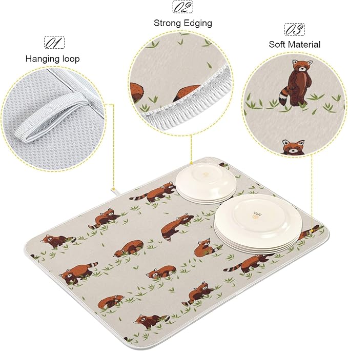 ZzWwR Cute Red Panda Cartoon Pattern Absorbent Dish Drying Mat,16" x 18" Microfiber Kitchen Countertop Table Protector Multi-Purpose Counter Rack Sink Drainer Pad