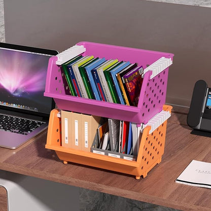 4-Pack Colorful Plastic Stackable Storage Basket, Stacking Organizer Baskets