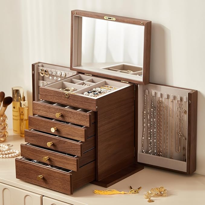 Homruilink Black Walnut Wooden Jewelry Box, Wood Jewelry Organizer with 2 Side Doors Mirror Lockable Classical Style for Watch Necklace Ring Earring Storage Christmas Gifts-6 Layer