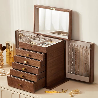 Homruilink Black Walnut Wooden Jewelry Box, Wood Jewelry Organizer with 2 Side Doors Mirror Lockable Classical Style for Watch Necklace Ring Earring Storage Christmas Gifts-6 Layer