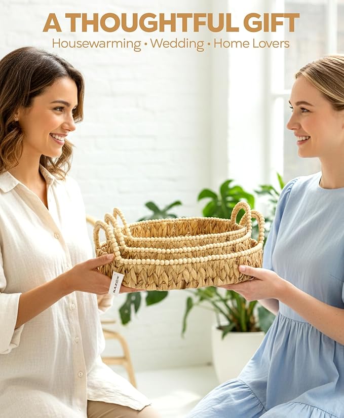 Handwoven Water Hyacinth Storage Baskets for Toilet, Living Room, Nursery Organization - Natural Oval Set of 3 Versatile Nesting Baskets with Scalloped Edge Design & Handles
