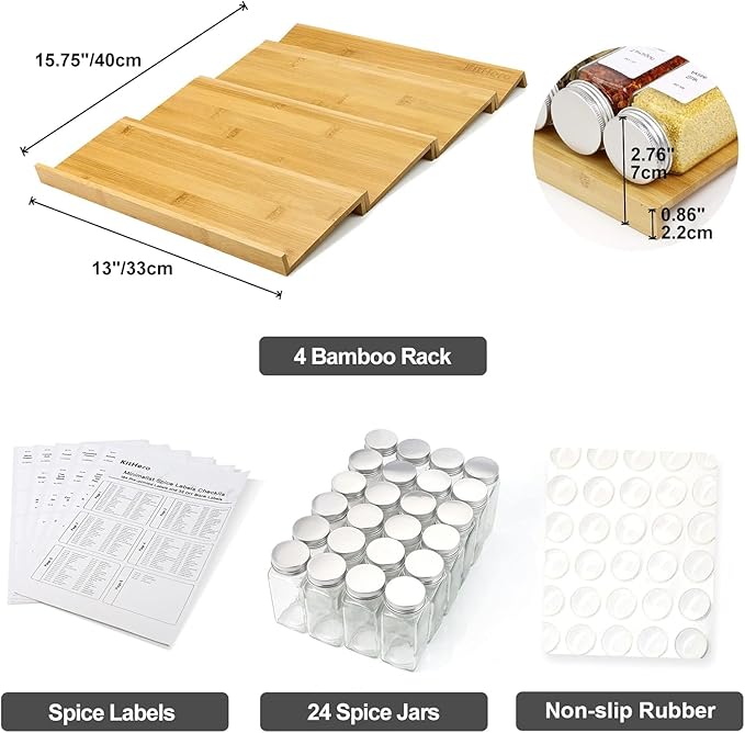 KitHero Spice Drawer Organizer with 24 Spice Jars and 216 Labels,Non-slip Rubber, Bamboo 4 Tier Spice Racks Tray Seasoning Containers for Kitchen Drawers,Cabinets,Countertops,13" Wide * 15.8" Deep