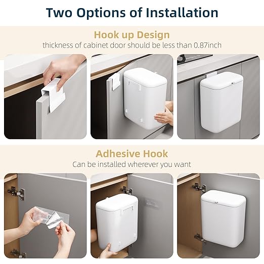 MUEE Hanging Compost Bin for Kitchen Cabinet Door - 1.3 Gal Small Trash Can with Lid, Under-Sink Food Scraps Collector, Slim Odorless Waste Bin for Apartment Essentials & RV - White