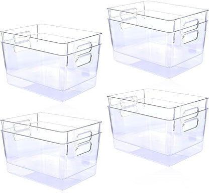 MOONEDGE Open Clear Plastic Storage Bins Stackable Organizer Containers with Handles for Kitchen, Pantry, Fridge, Cabinet, Closet Storage & Home Organization 8 Pack（11 x 8 x 6 in）